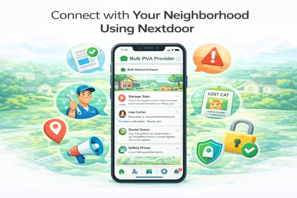 Smartphone showing the Nextdoor app with icons for neighborhood posts, alerts, recommendations, and community features.